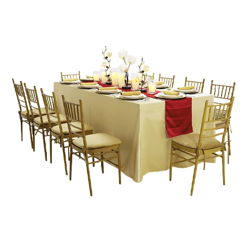 Carla Rectangular Dining Table Gold Cover & Gold Chivari Setup