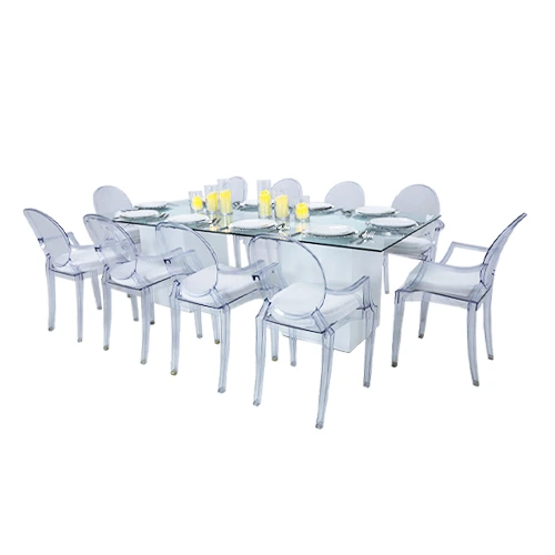 Azzurra Rectangular Glass Table White & Acrylic Dior Arm Chair Package